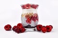 Healthy breakfast layered in glass with chia seed pudding, puffed quinoa grains and joghurt topped with red raspberry and cranberr Royalty Free Stock Photo