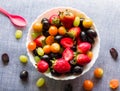 Healthy breakfast,meal concept for spring,summer.Fresh,juicy bowl of fruit salad with assortment of berries,grapes.Close up. Royalty Free Stock Photo