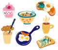 Healthy breakfast meals set. Scrambled eggs, porridge with berries, avocado toast, tea, coffee, egg sandwich, fruit yogurt.