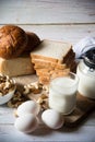 Healthy breakfast menu comprising of milk, eggs, nuts and bread Royalty Free Stock Photo