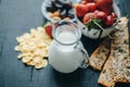 Healthy breakfast with milk, corn flakes, strawberries Royalty Free Stock Photo