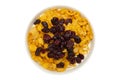 Healthy breakfast. Milk, cornflakes and dried cranberries isolated on white Royalty Free Stock Photo