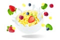 Healthy breakfast with milk, flying corn flakes, raspberries, st Royalty Free Stock Photo