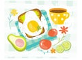 Healthy Breakfast in the morning served with eggs, avocado, tomato, cucumber, sandwich, coffee. Good morning food menu in summer.