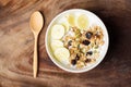 Muesli with cereal, slice banana and milk in a bowl Royalty Free Stock Photo