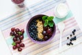 Healthy breakfast: muesli with gooseberry and blackberry, yogurt, blueberry smoothie and chocolate muffins