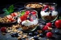 Healthy breakfast, muesli, granola with raspberries, blueberries, strawberries and yogurt, diet concept, generative AI tools Royalty Free Stock Photo