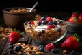 Healthy breakfast, muesli, granola with raspberries, blueberries, strawberries and yogurt, diet concept, generative AI tools Royalty Free Stock Photo
