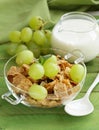 Healthy breakfast of muesli with milk and grapes
