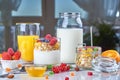 Healthy breakfast with muesli, milk, yogurt, fruit Royalty Free Stock Photo