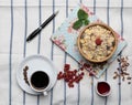 Healthy breakfast with muesli, raspberry, cherries and coffee Royalty Free Stock Photo