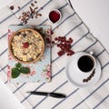 Healthy breakfast with muesli, raspberry, cherries and coffee Royalty Free Stock Photo