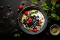 Healthy breakfast with muesli, yogurt and fresh berries on black background, Healthy breakfast bowl with oat granola, berries and