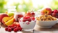 Healthy breakfast with muesli, yogurt and fresh fruits Royalty Free Stock Photo