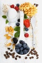 Healthy Breakfast.Oat flake, berries and coffee. Health and diet