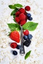 Healthy Breakfast.Oat flake, berries and coffee. Health and diet