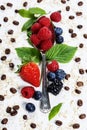 Healthy Breakfast.Oat flake, berries and coffee. Health and diet