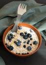 Healthy breakfast. Oat granola with fresh blueberries, currants and milk in a clay bowl over dark grunge surface. Top view Royalty Free Stock Photo