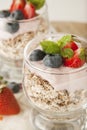 Healthy breakfast, oat meal with fruits: bluebery, strawbery and min, parfait in a glass on a rustic background. Healthy food.