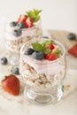 Healthy breakfast, oat meal with fruits: bluebery, strawbery and min, parfait in a glass on a rustic background. Healthy