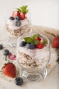 Healthy breakfast, oat meal with fruits: bluebery, strawbery and min, parfait in a glass on a rustic background. Healthy