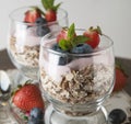 Healthy breakfast, oat meal with fruits: bluebery, strawbery and min, parfait in a glass on a rustic background. Healthy food. Squ