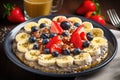 Healthy breakfast with oatmeal, banana, blueberries and chia seeds, A healthy breakfast featuring fresh berries, banana, chia