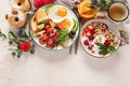 Healthy breakfast with oatmeal, berries, egg, bacon and a cup of coffee. Good morning Royalty Free Stock Photo