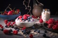 Healthy breakfast with oatmeal, berries and milk on dark background, Generative AI