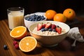 Healthy breakfast with oatmeal, berries and milk on wooden table, Chia seed pudding with strawberries, blueberries and banana in a Royalty Free Stock Photo