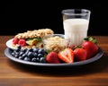 Healthy breakfast with oatmeal, berries and milk on wooden table. Generative AI.