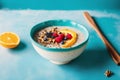 Healthy breakfast. Oatmeal with berries and nuts in a blue bowl on a colorful background. Generative AI Royalty Free Stock Photo