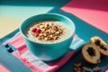 Healthy breakfast. Oatmeal with berries and nuts in a blue bowl on a colorful background. Generative AI Royalty Free Stock Photo