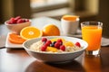 Healthy breakfast with oatmeal, berries and orange juice on wooden table, Chia seed pudding with strawberries, blueberries and Royalty Free Stock Photo