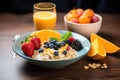 Healthy breakfast with oatmeal, berries and orange juice on wooden table, Chia seed pudding with strawberries, blueberries and Royalty Free Stock Photo