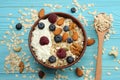 healthy breakfast. oatmeal, blueberries, raspberries and nuts on blue wooden table. Top view with copy space Royalty Free Stock Photo