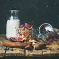 Healthy breakfast with Oatmeal granola and almond milk, square crop