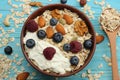 healthy breakfast. oatmeal, honey, blueberries, raspberries and nuts on blue wooden table. Top view with copy space Royalty Free Stock Photo