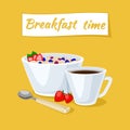 Healthy breakfast. Oatmeal porridge in the bowl with berries and strawberries. Hot coffee. Royalty Free Stock Photo