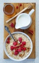 Healthy breakfast - Oatmeal, yogurt, fresh fruit, honey Royalty Free Stock Photo