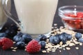 Healthy breakfast: overnight oats with fresh blueberries in a glass jar