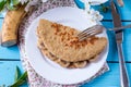 Healthy breakfast - pancake from oatmeal with banana and cheese Royalty Free Stock Photo