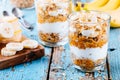 Healthy breakfast parfait. homemade granola with natural yogurt, banana and caramel sauce Royalty Free Stock Photo