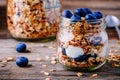 Healthy breakfast parfait with yogurt, homemade granola and fresh bluberries in glass jar Royalty Free Stock Photo