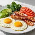 Healthy breakfast plate with eggs, bacon, avocado, spinach, and tomatoes isolated on white background Royalty Free Stock Photo