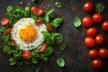 A healthy breakfast plate with a fried egg, fresh spinach, and cherry tomatoes on a dark surface Royalty Free Stock Photo