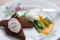 Healthy breakfast: poached egg, green beans, brown Royalty Free Stock Photo