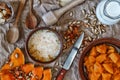 Healthy breakfast. Pumpkin porridge with milk. Royalty Free Stock Photo