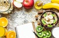 Healthy breakfast with recipe book Royalty Free Stock Photo