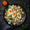 Healthy breakfast. Salad with feta cheese, eggs, cucumber and carrot. Healthy food. Top view. Generative AI